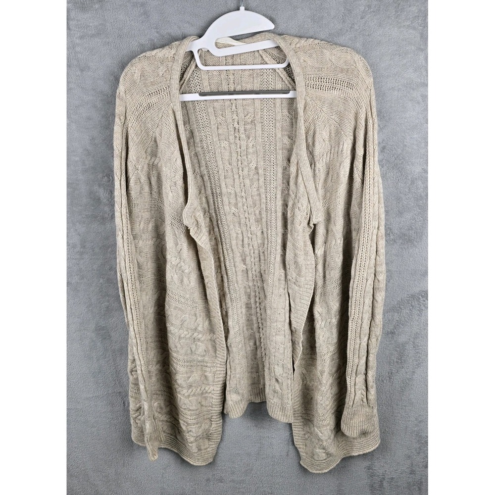 Athleta Womens S Oatmeal Beige 100% Merino Wool Cable Knit Open Front Cardigan